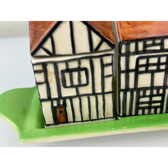 Beswick England 1940s Tudor-Style Cottages Salt Pepper & Sugar Set on Tray VTG - Picture 9 of 16